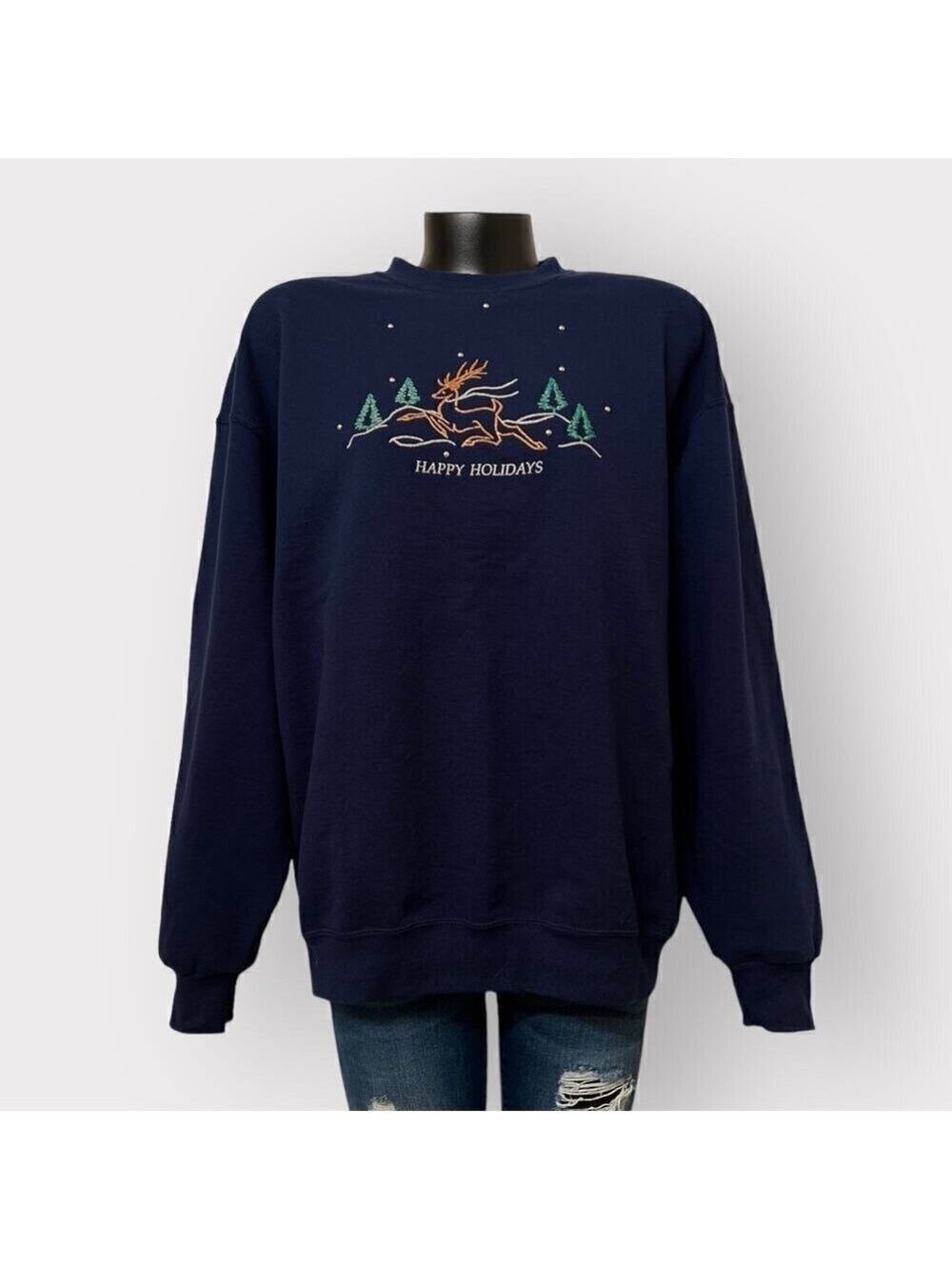 VTG Christmas Ugly Sweater Reindeer Womens XL Cozy Warm Holiday Winter Navy Blue